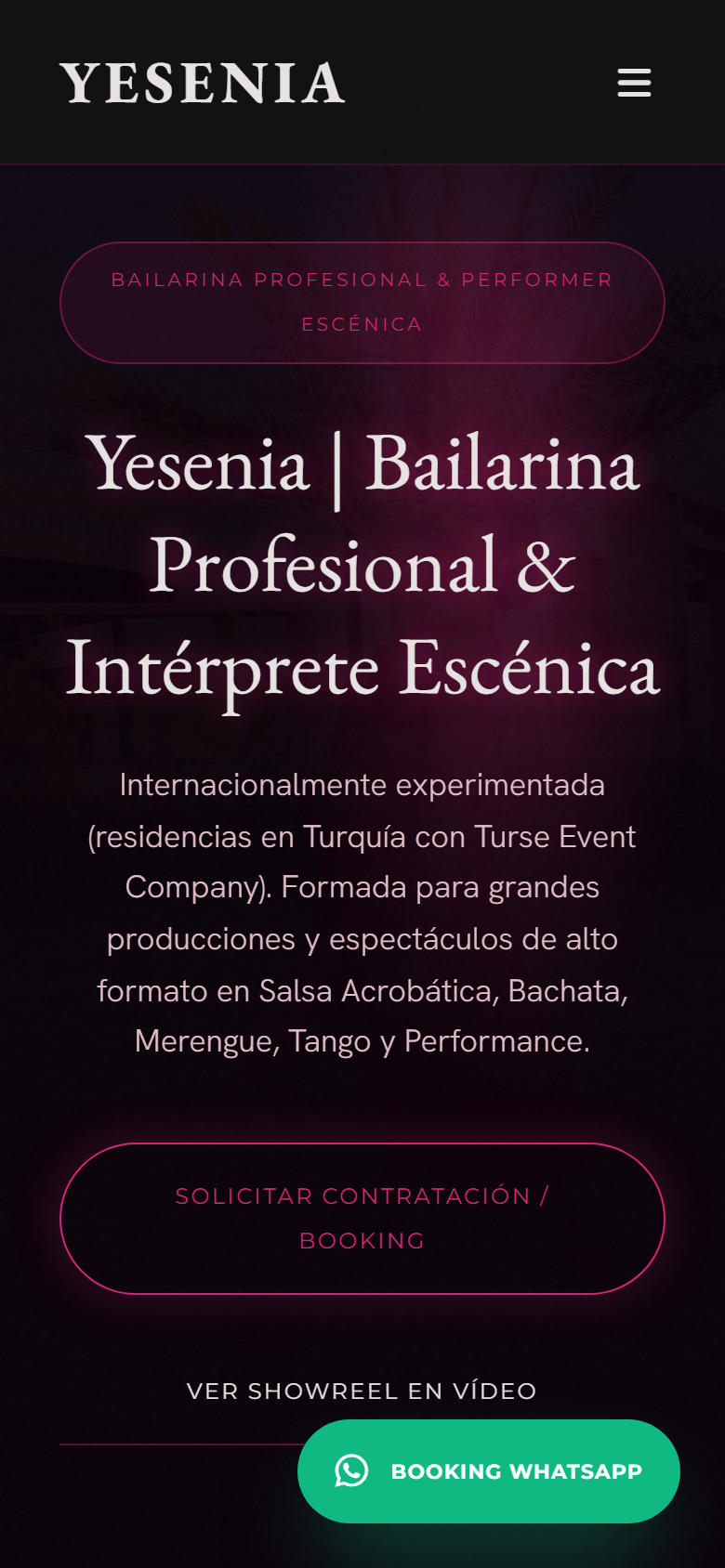 Portada con su nombre, sus estilos de baile y los botones para contratar y ver el showreel (celular)