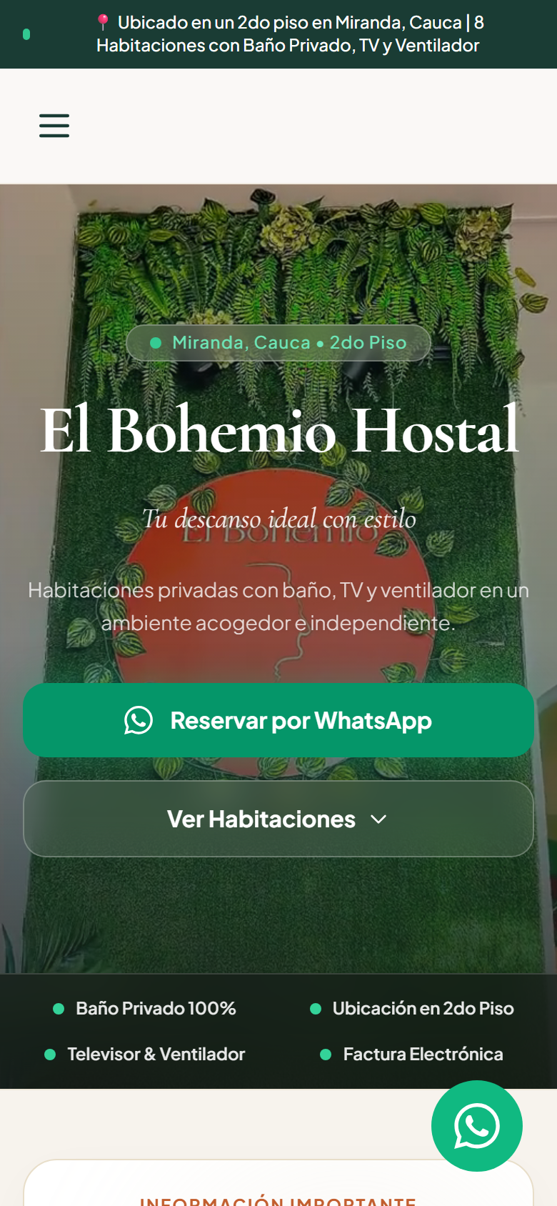 Portada con el video del hostal, su nombre y el botón para reservar por WhatsApp (celular)