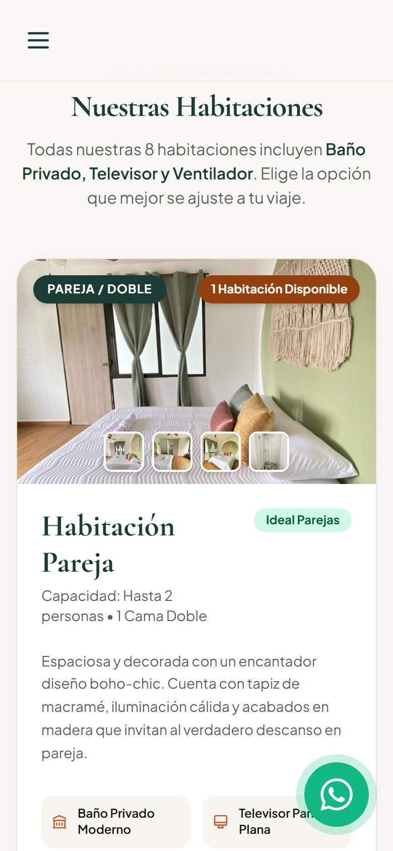 Habitaciones pareja e individual con fotos, capacidad y lo que incluyen (celular)