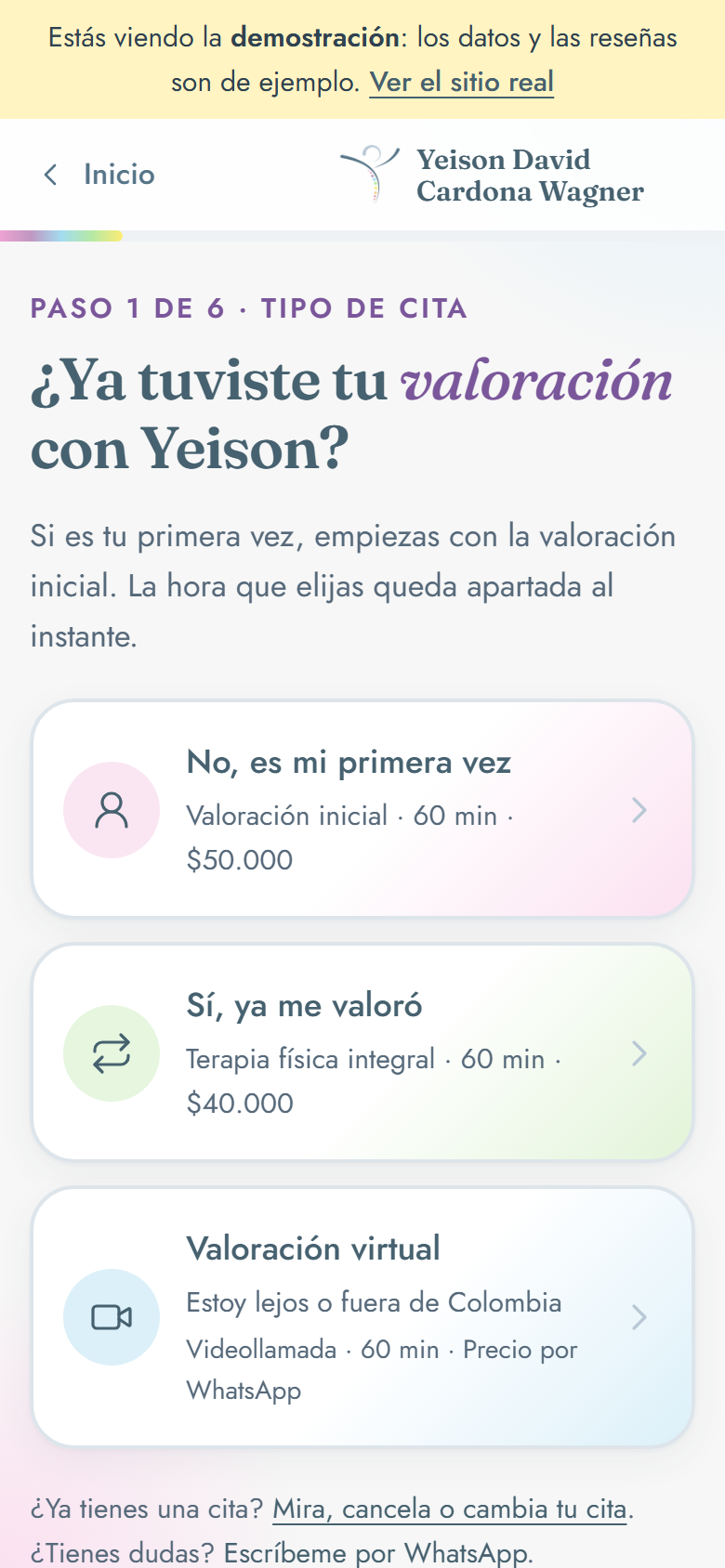 Agendar en línea: elegir el tipo de cita antes del día y la hora (celular)