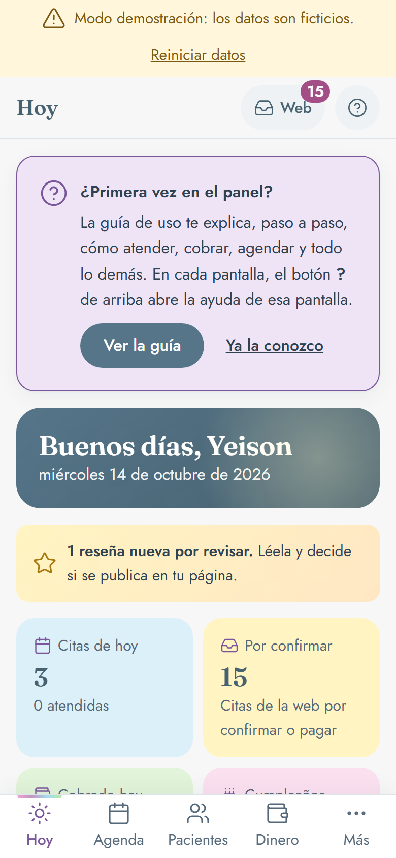 Panel del fisioterapeuta en la pantalla Hoy, con las citas del día y lo pendiente por cobrar (celular)