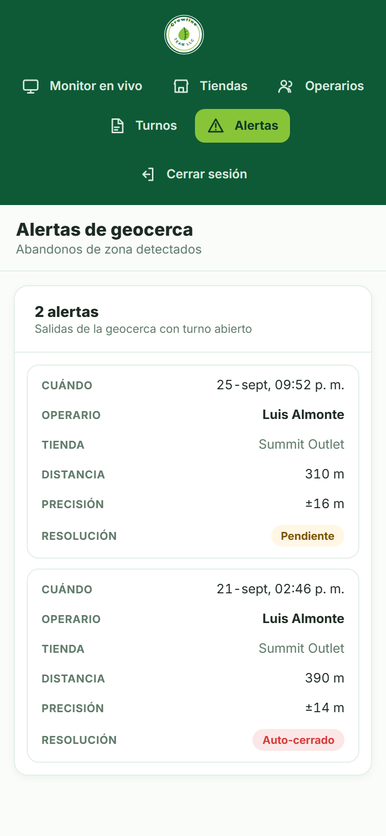 Alertas de geocerca con distancia, precisión del GPS y resolución (celular)