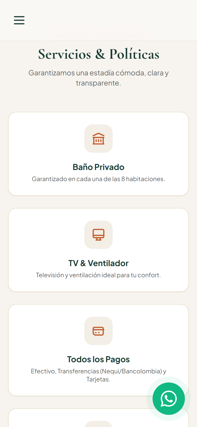 Servicios y políticas: baño privado, medios de pago, facturación y horarios (celular)