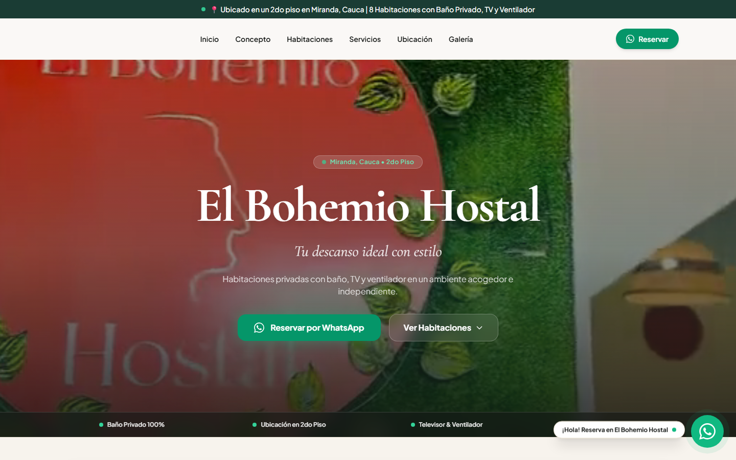 Portada con el video del hostal, su nombre y el botón para reservar por WhatsApp