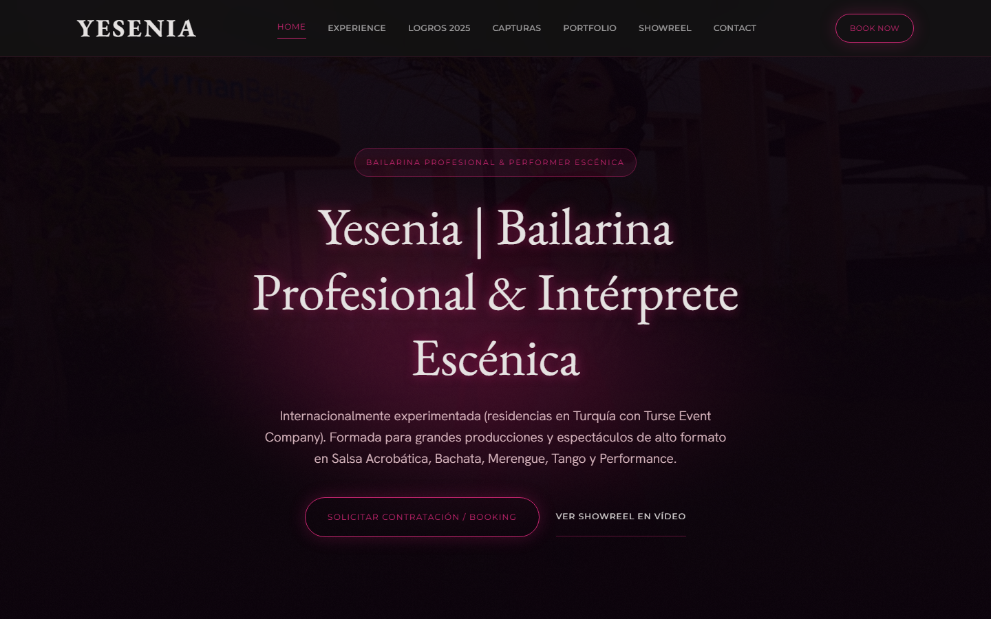 Portada con su nombre, sus estilos de baile y los botones para contratar y ver el showreel