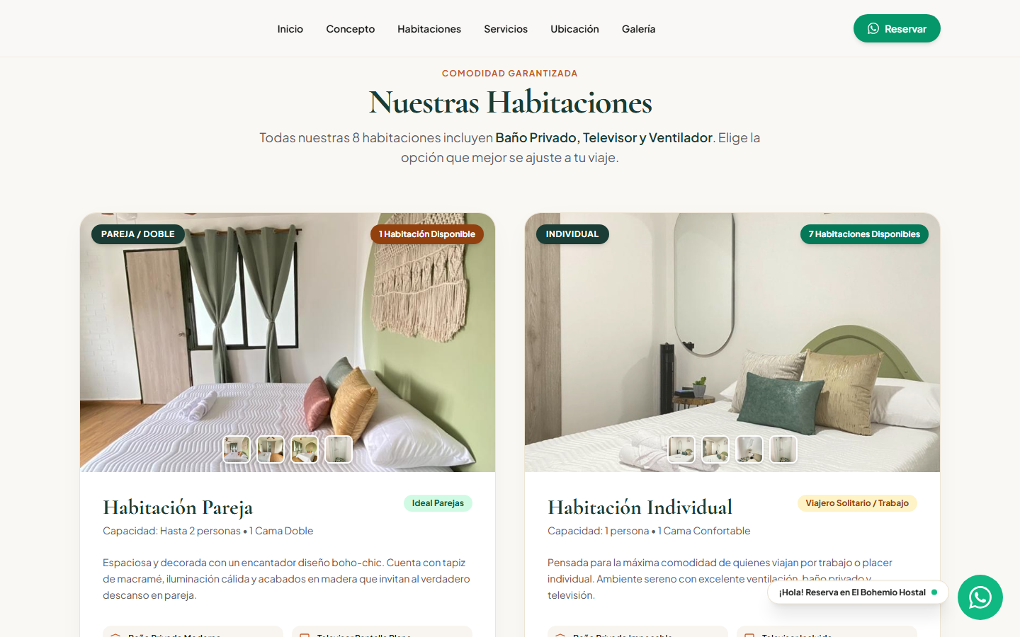 Habitaciones pareja e individual con fotos, capacidad y lo que incluyen