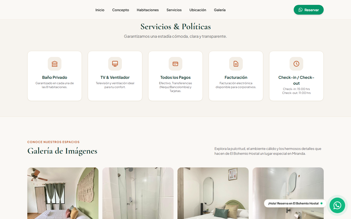 Servicios y políticas: baño privado, medios de pago, facturación y horarios