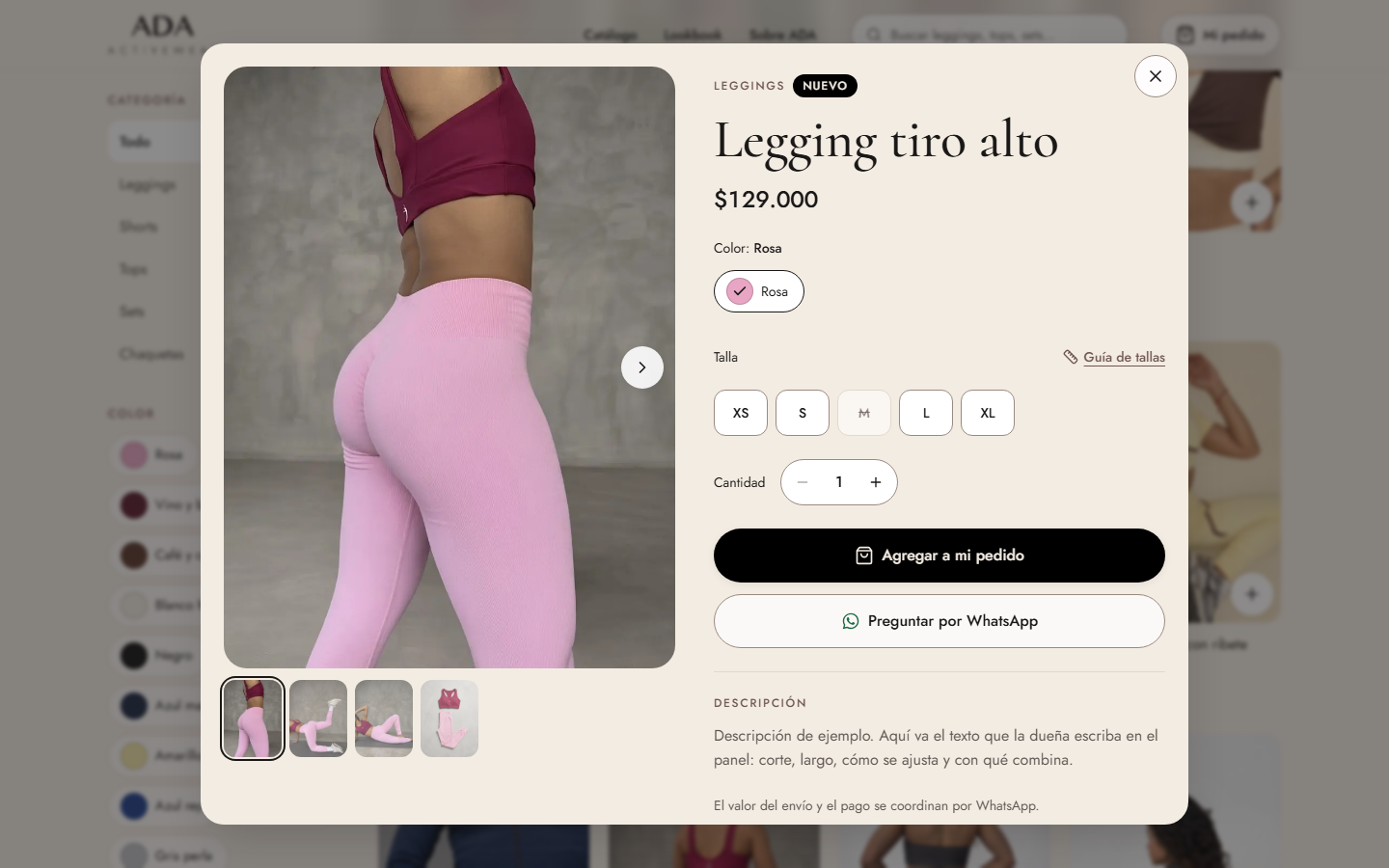 Ficha de producto con fotos, tallas y botón para agregar al pedido