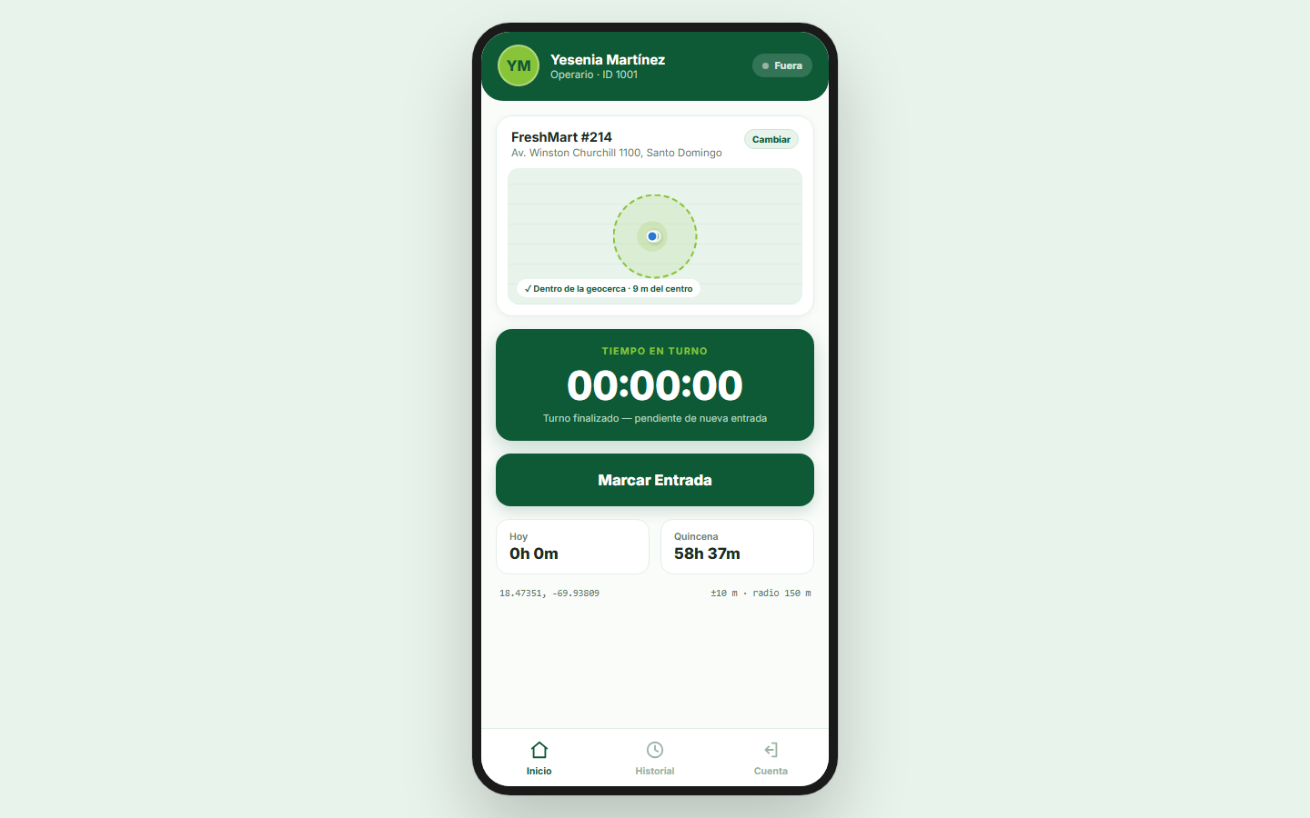 Pantalla del operario dentro de la geocerca, lista para marcar entrada