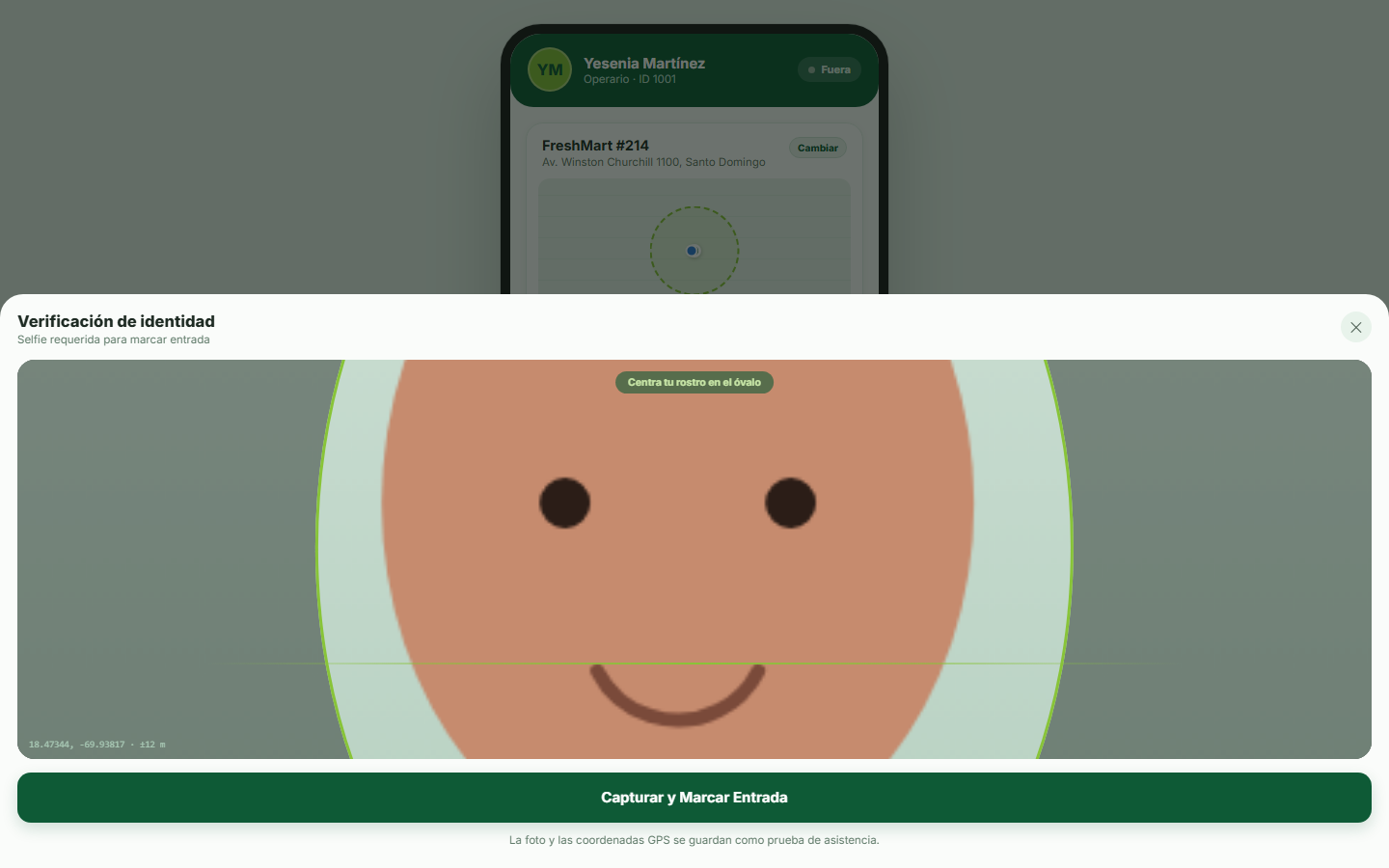 Selfie de verificación con coordenadas y hora sobreimpresas